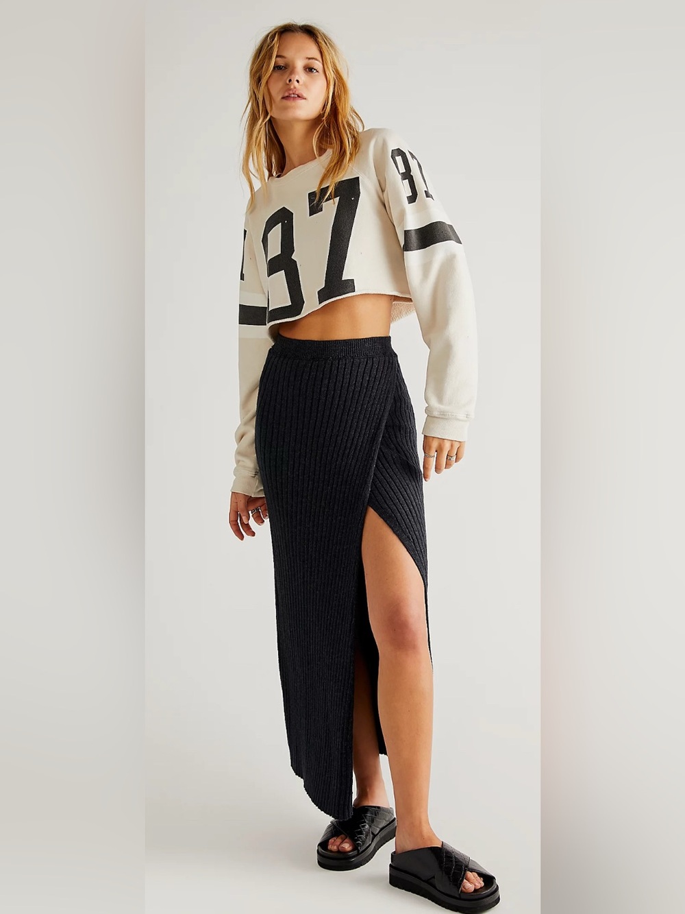 Free People Better Days Knit Midi Skirt Black Sweater Wrap Style Size XL